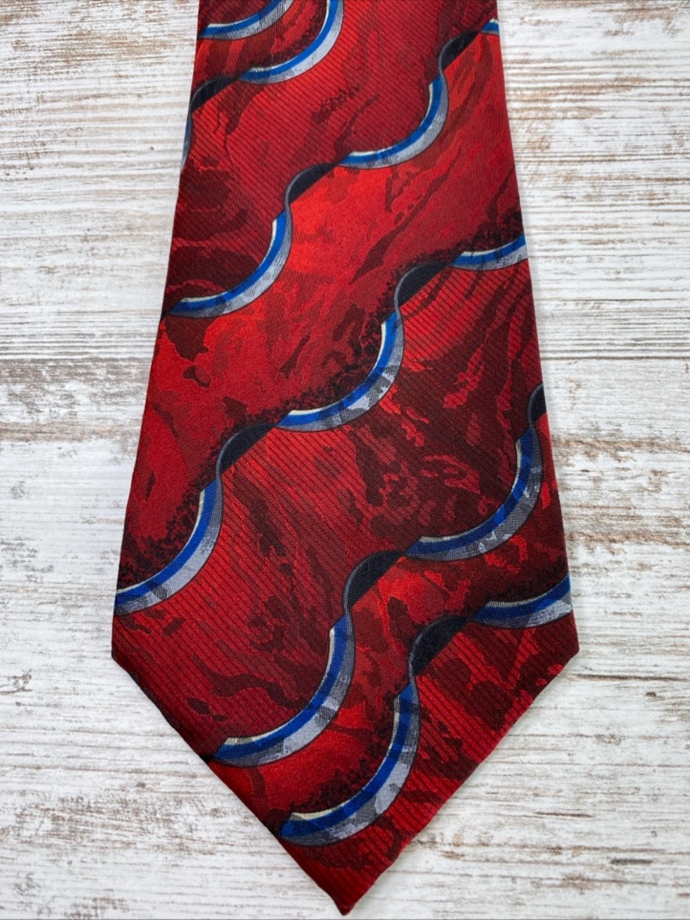 J. Ferrar Mens Tie Silk Red Blue Abstract Wide 4” Designer Necktie Italy